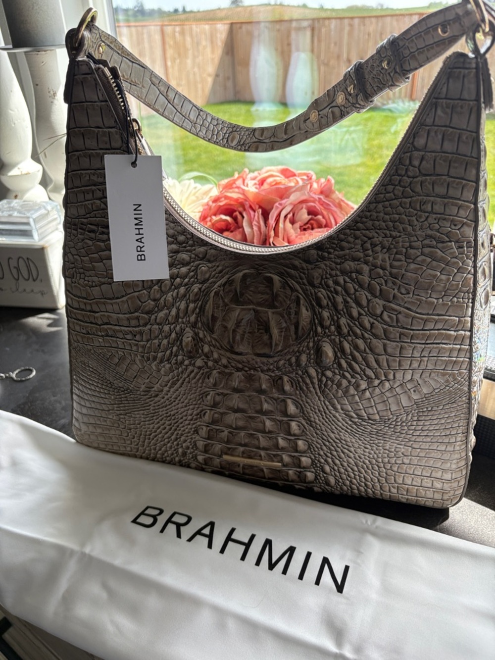 Brahmin Taupe Croc-Embossed Leather Shoulder Bag